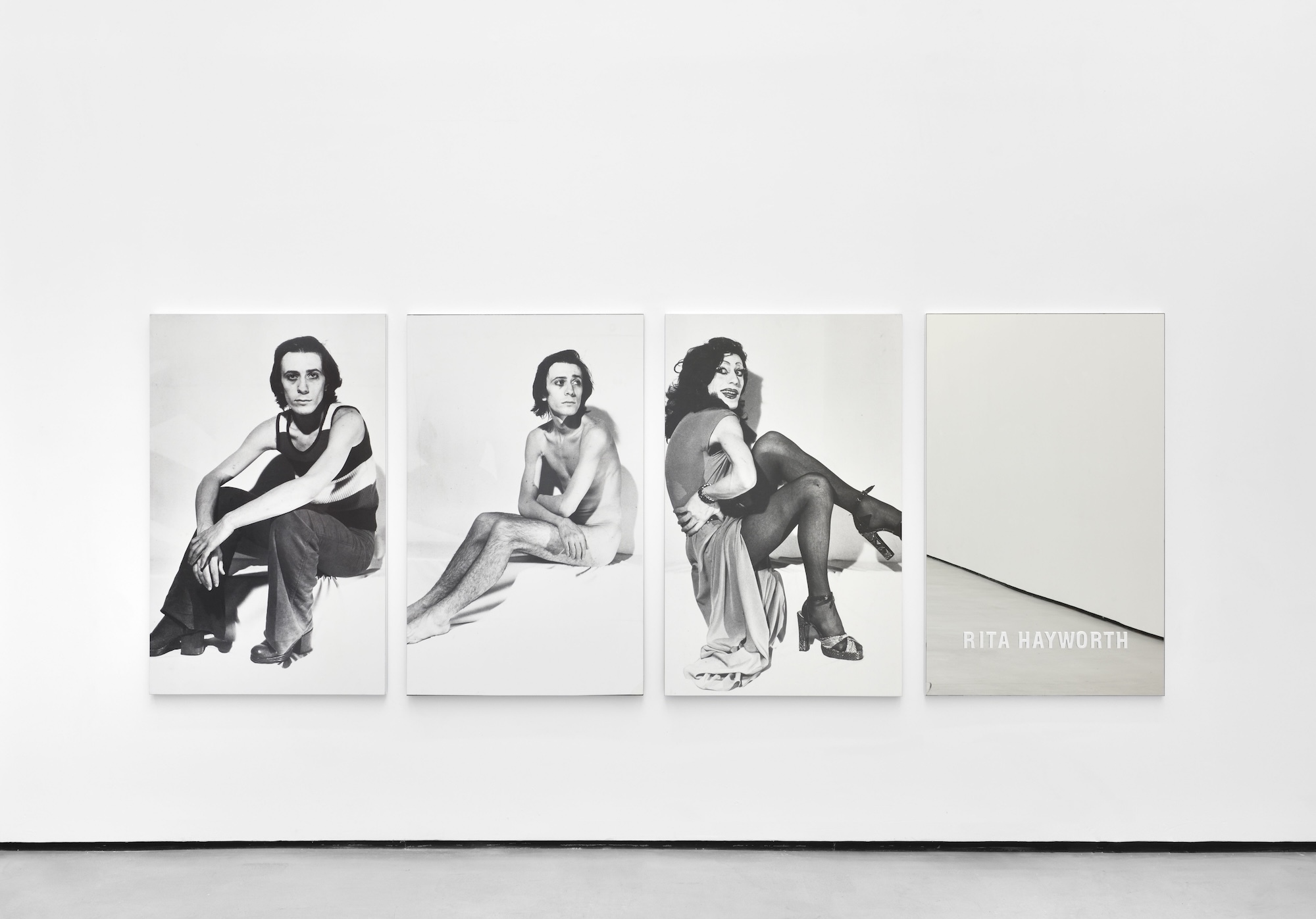 Michel Journiac, Piège pour un travesti&nbsp;: Rita Hayworth, 1976. Three black and white photographs on Formica mounted on wood, mirror with raised text, 120 × 75 cm (each). Courtesy of Galerie Christophe Gaillard. Photograph by Rebecca Fanuele © ADAGP Michel Journiac
