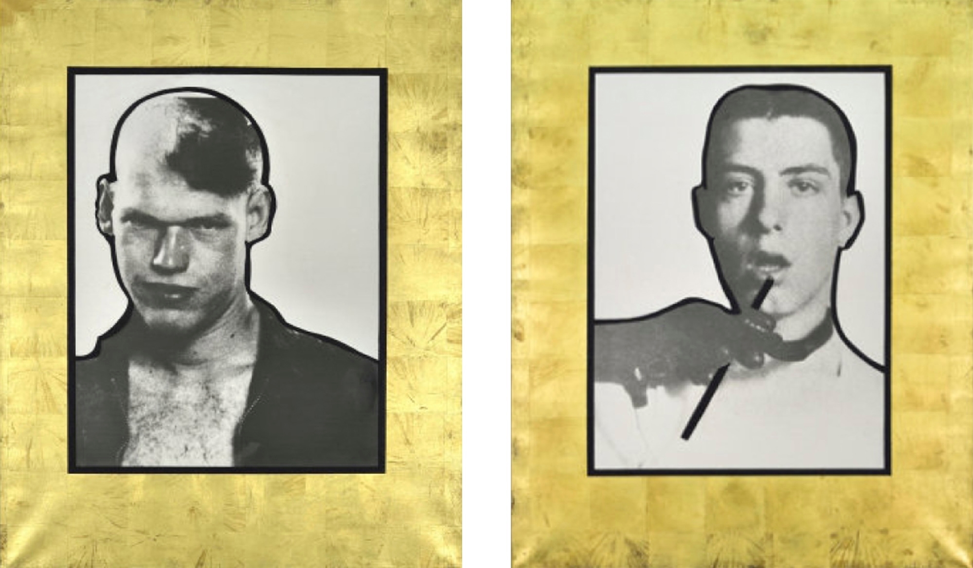 Michel Journiac, Icônes du temps présent [deux icônes de taille moyenne sur le même pan de mur], 1988, transfert photographique, feuille d'or, peinture noire et sang, sur toile, environ 92 x 73-74 cm (chacune), courtesy Galerie Christophe Gaillard © ADAGP Michel Journiac