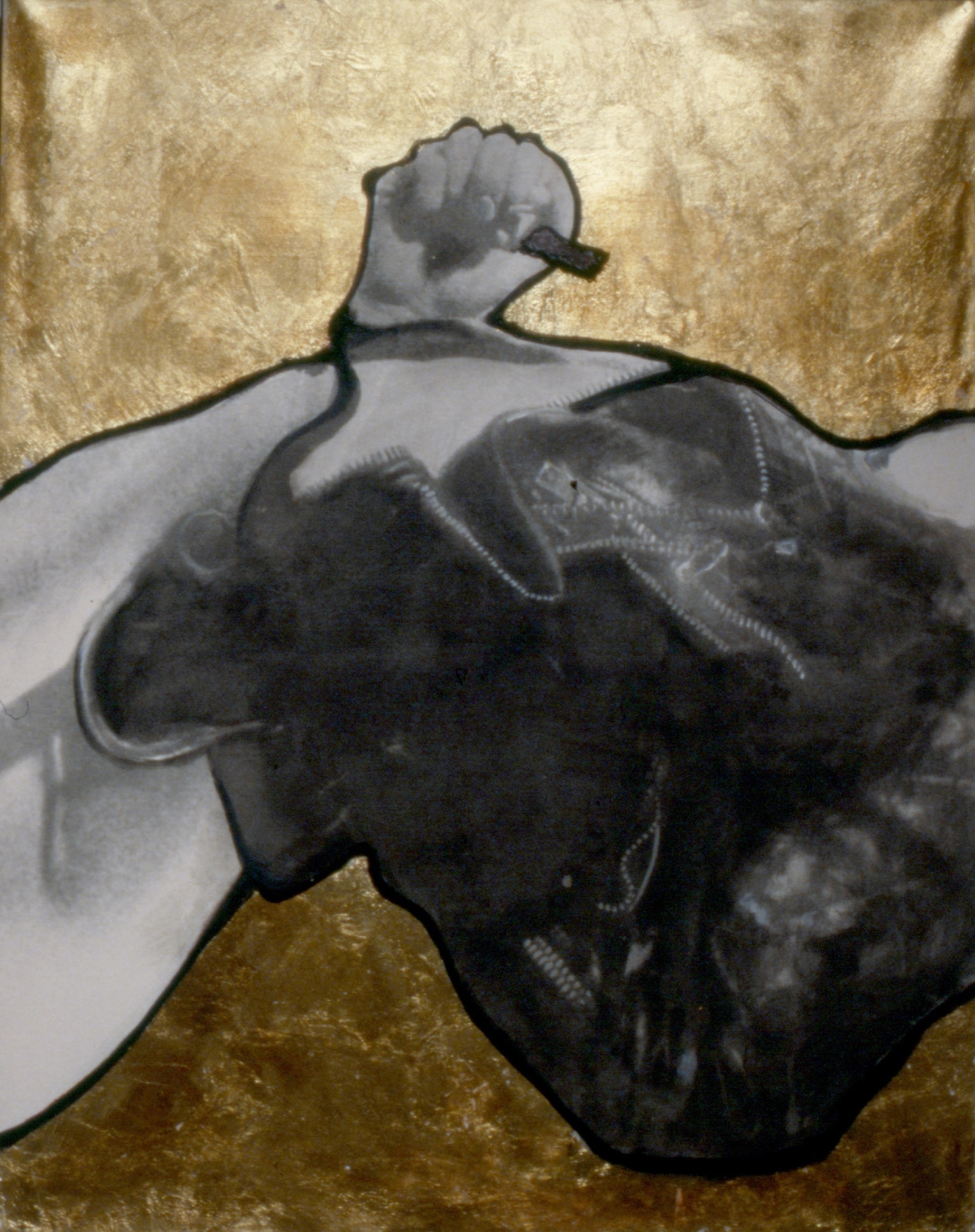 Michel Journiac, Icône du temps présent, 1988, transfert photographique, feuille d'or, peinture noire et sang, sur toile, environ 92 x 73-74 cm, courtesy Galerie Christophe Gaillard © ADAGP Michel Journiac