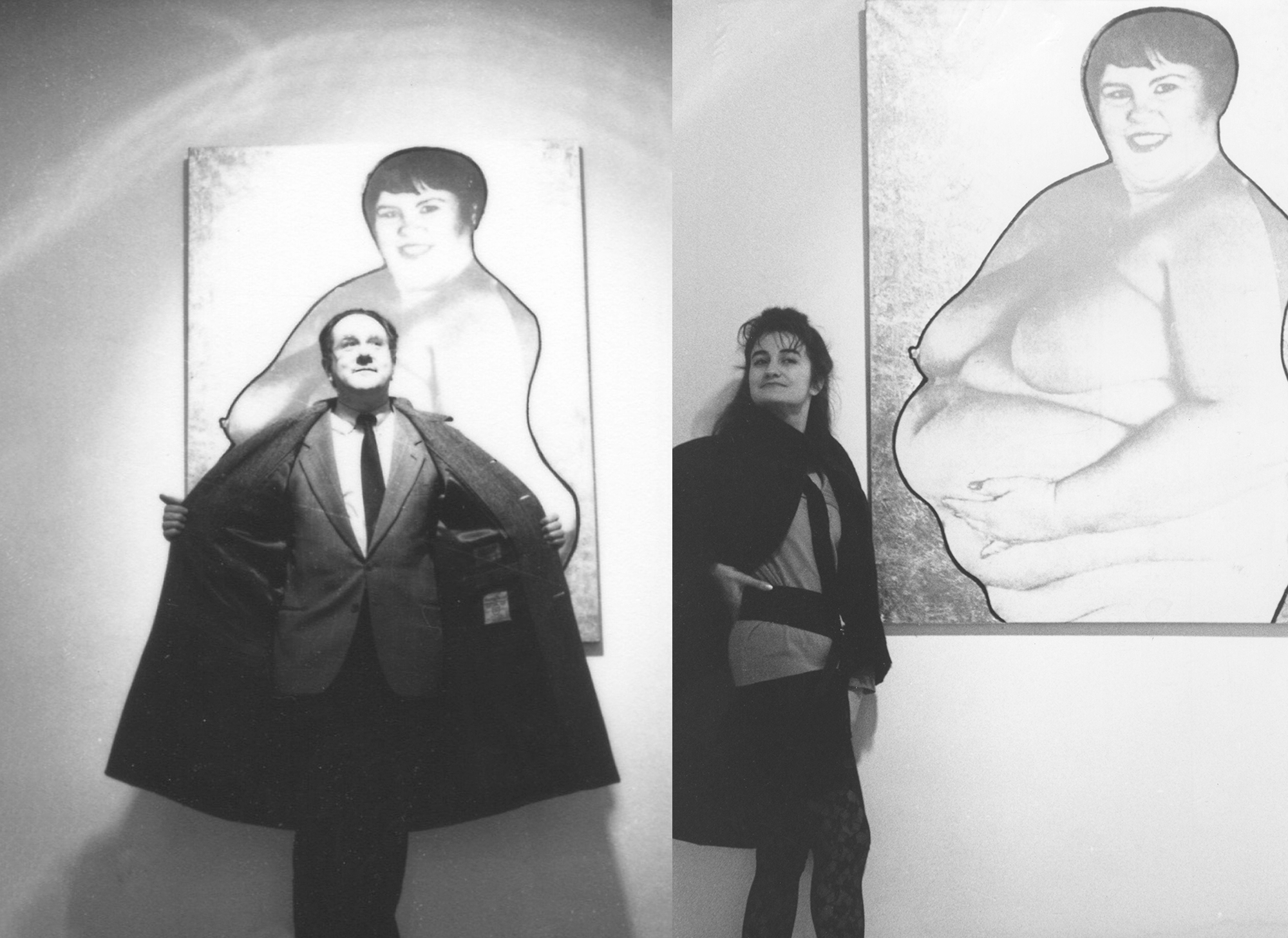 Visiteur et visiteuse devant la grande Icône du temps présent [vues d’exposition à la Galerie J & J Donguy], 1988, photographie © Droits réservés