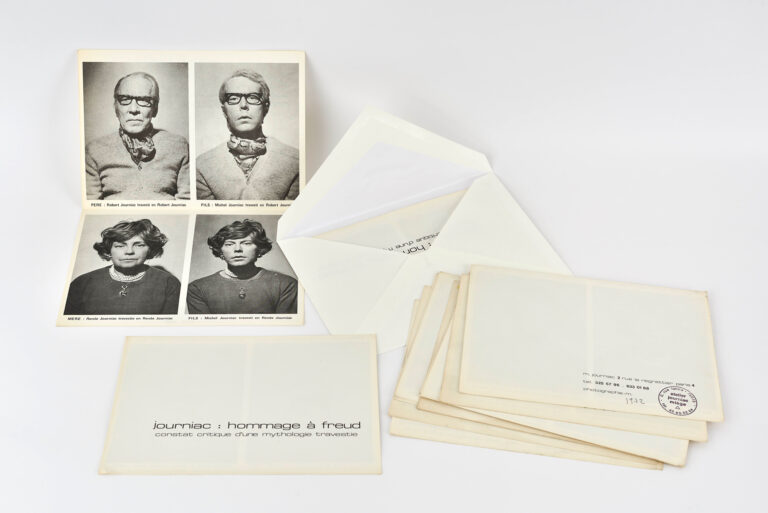 Michel Journiac, Journiac&nbsp;: Hommage à Freud — Constat critique d'une mythologie travestie, 1972. Mail-art piece, silkscreen print and ink on paper, A4 sheet printed on both sides and folded in half, 29.7 x 21 cm (unfolded). Courtesy of Galerie Christophe Gaillard. Photograph by Rebecca Fanuele © ADAGP Michel Journiac