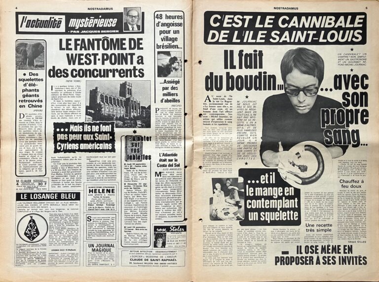 Nostradamus, l’hebdomadaire de l’actualité mystérieuse, Un parisien fait du boudin avec son propre sang&nbsp;!, 20 septembre 1973 (n°76), journal imprimé, 43 x 58 cm (ouvert), article de Gérard Gilles, photographie Vincent Labaume