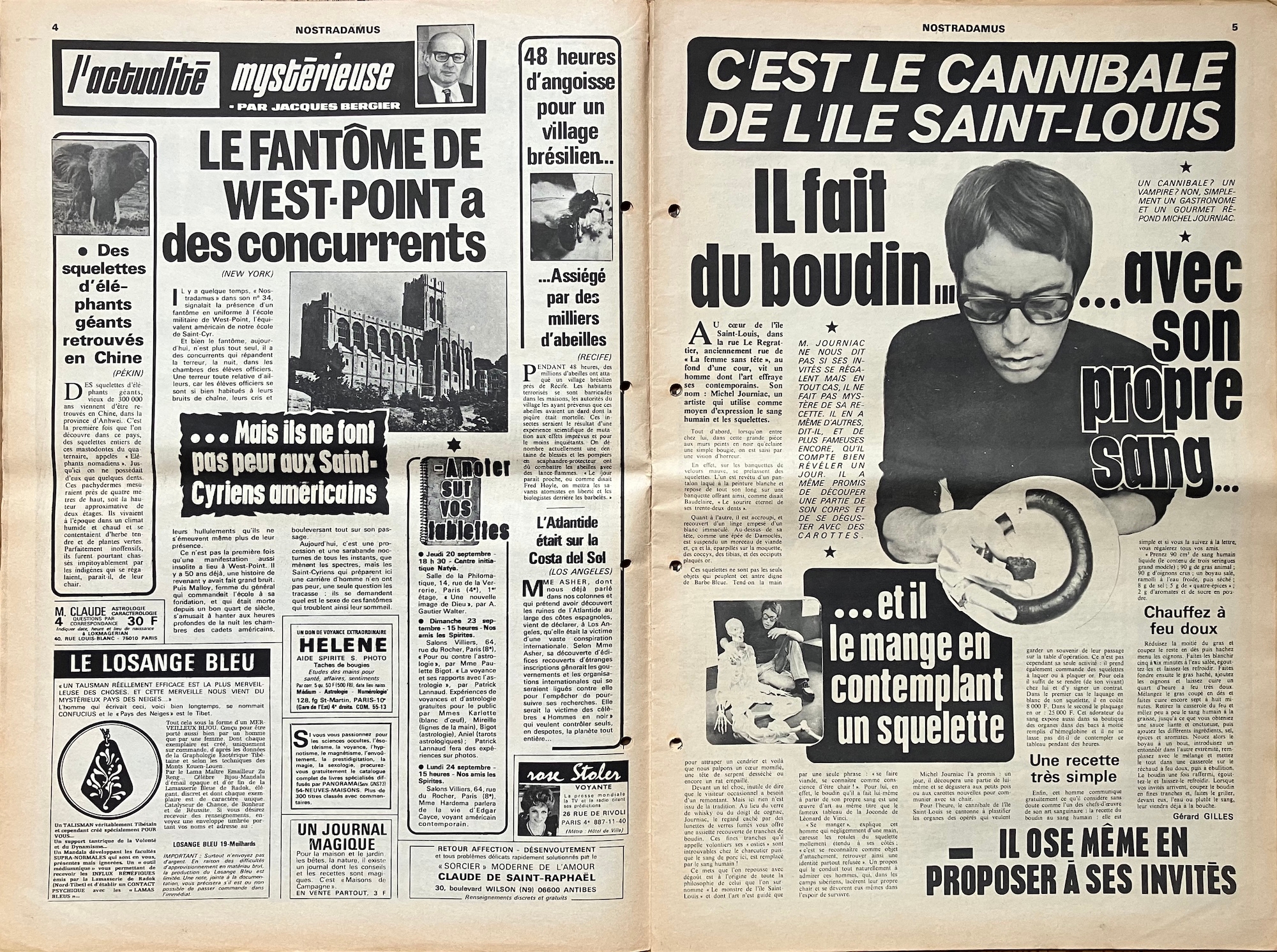 Nostradamus, l’hebdomadaire de l’actualité mystérieuse, Un parisien fait du boudin avec son propre sang !, 20 septembre 1973 (n°76), journal imprimé, 43 x 58 cm (ouvert), article de Gérard Gilles, photographie Vincent Labaume