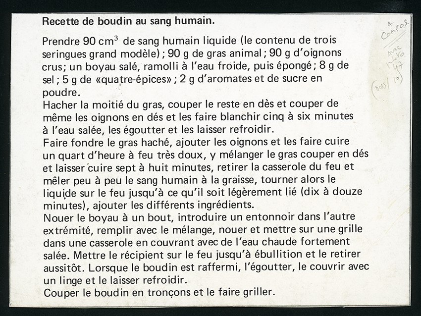 Michel Journiac, Messe pour un corps, Recette de boudin de sang humain, 1969, Archives Michel Journiac, courtesy Galerie Christophe Gaillard © ADAGP Michel Journiac